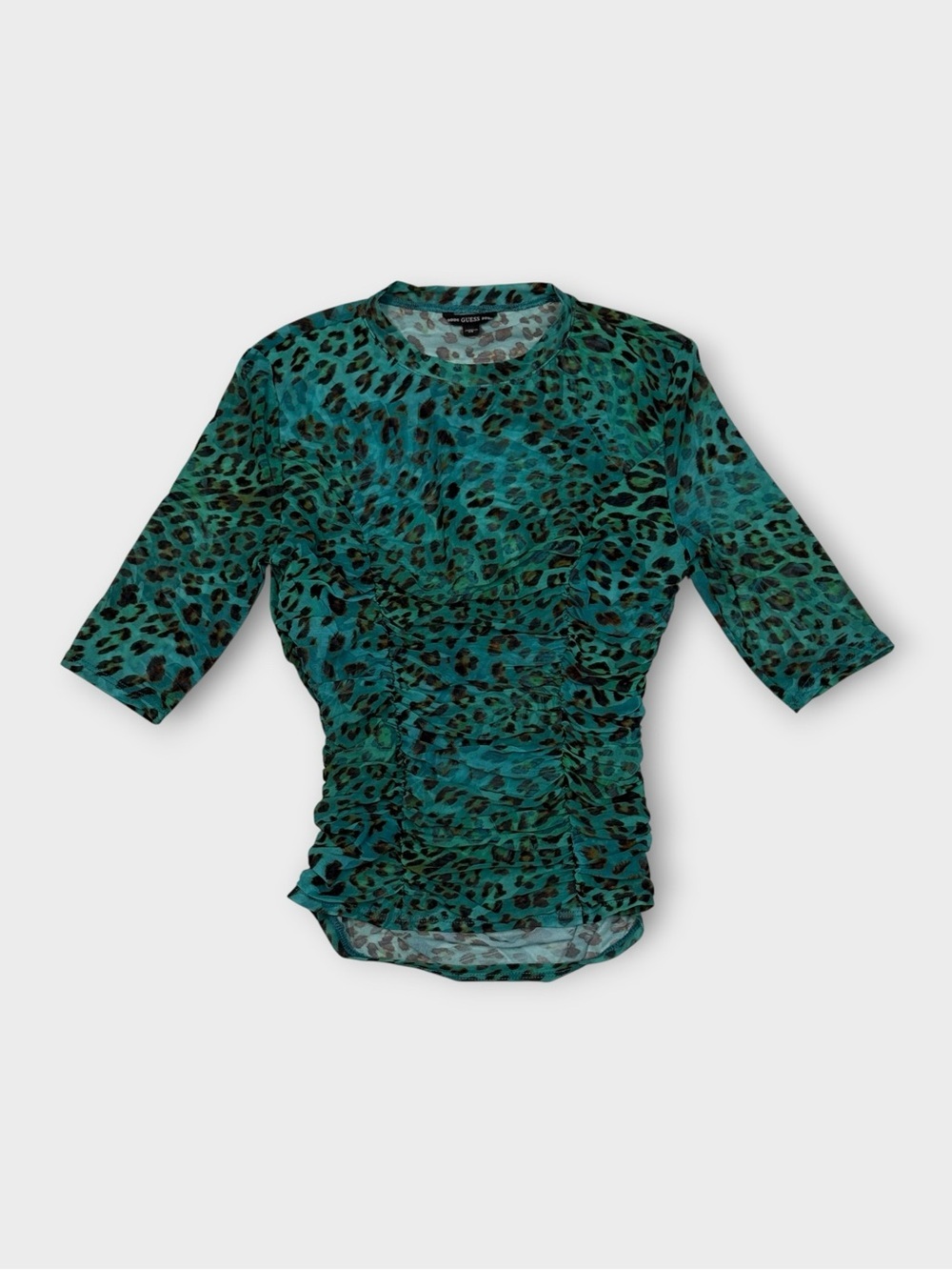 Guess Teal Leopard Print Mesh Ruched Top